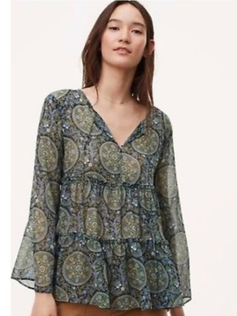 LOFT Medallion Boho Tiered V Neck Sheer Blouse Size Small